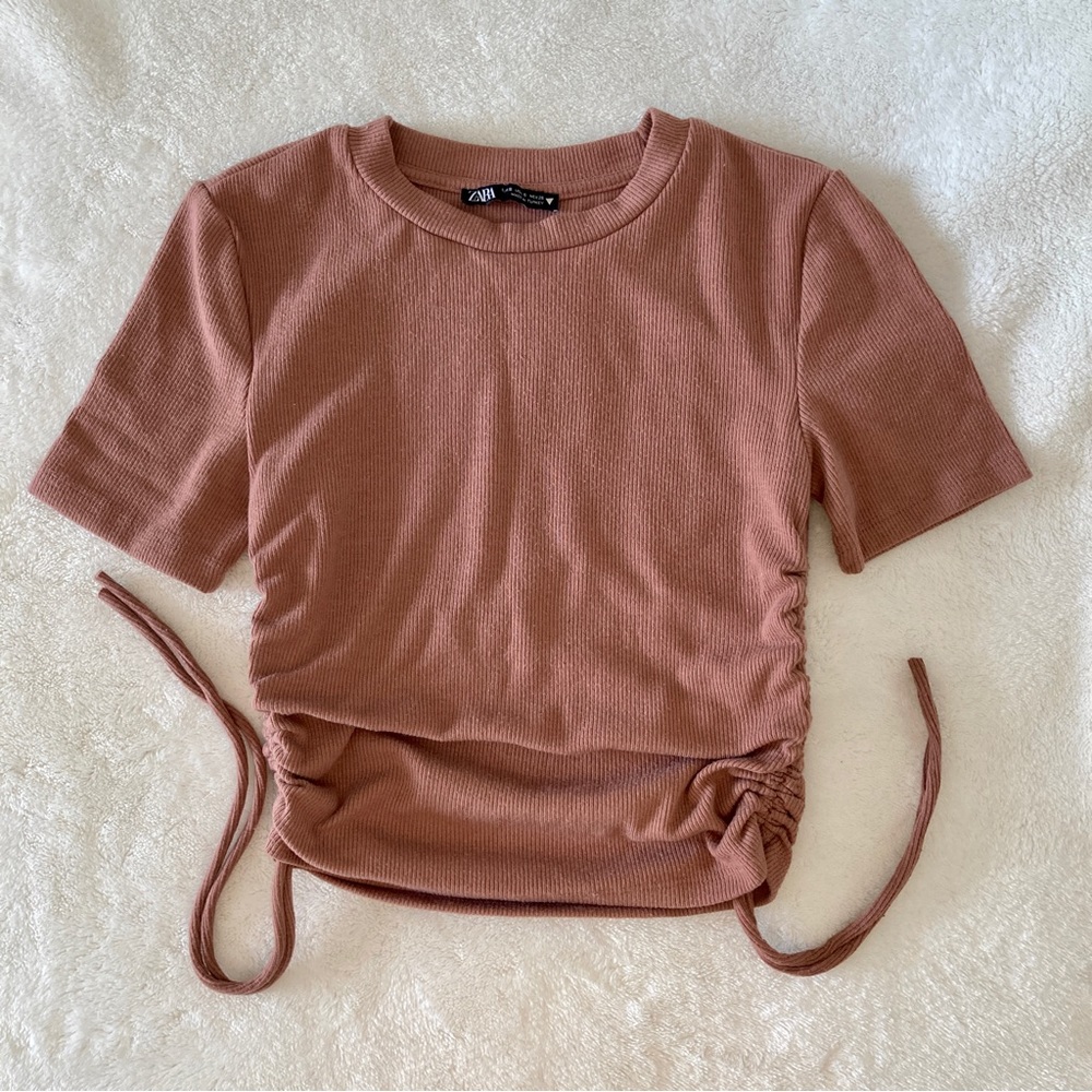 ZARA Blush Nude Ruched T Shirt Crop Top